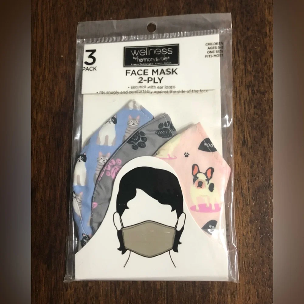 3Pack Children face’s mask 2ply secure ear loops dog cats graphics. OSFM